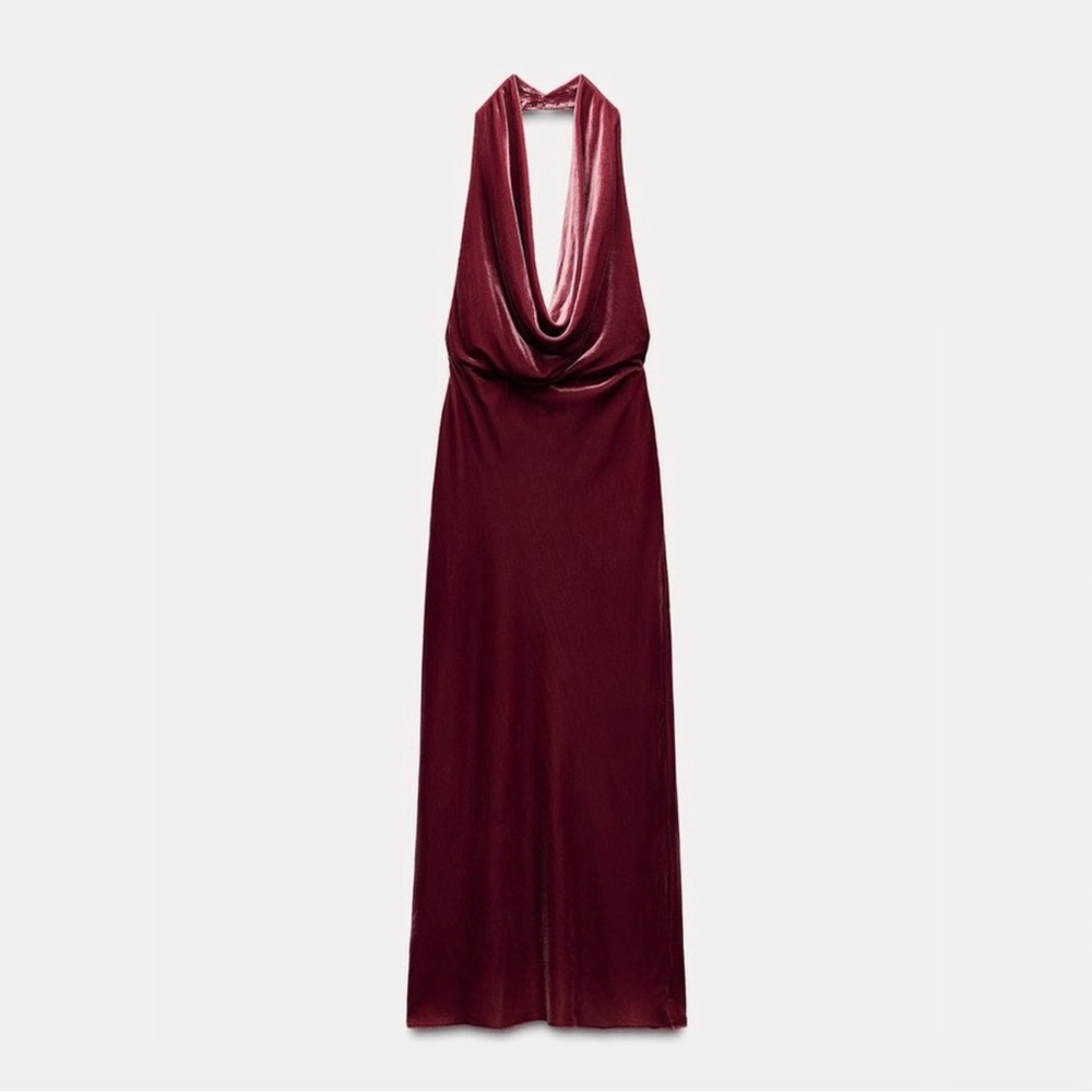 NWOT Zara Raspberry Pink Velvet Maxi Dress Halter Neck Open Back Size XS - Picture 7 of 9